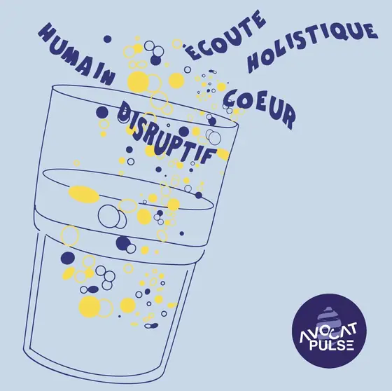 Un verre pétillant d'où s'échappent les mots humain, écoute, holistique, cœur, disruptif
